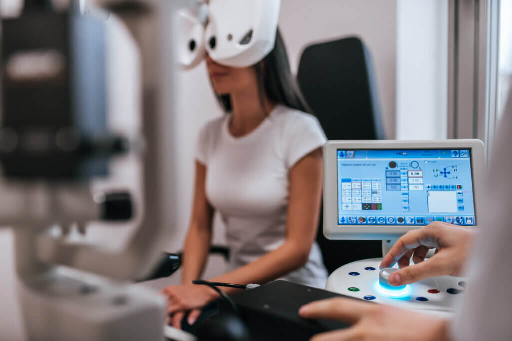 Doctor and patient in ophthalmology clinic